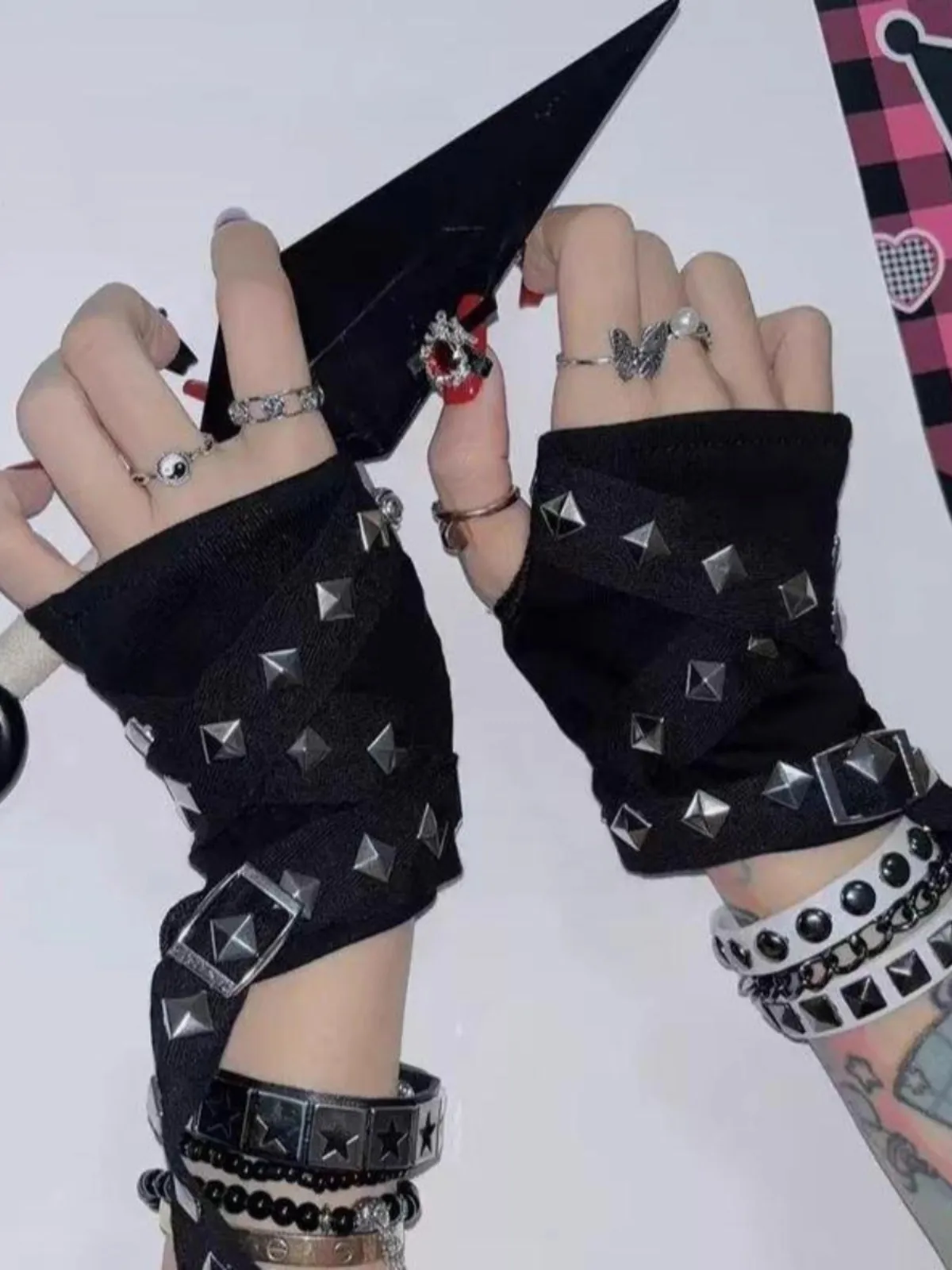 black rivet chain gloves