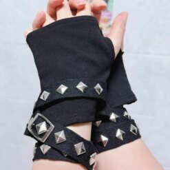 Alternative view of black rivet chain gloves