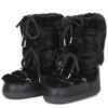 2025 women’s winter snow boots with fluffy fur, rivets, waterproof platform, and warm cotton lining. Luxury black ski boots for cold weather.