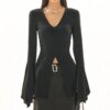 Goth dark fairy Y2K black top with flare sleeves, V-neck and lettuce hem