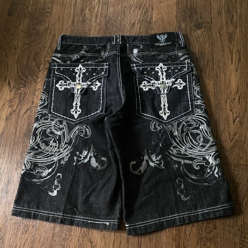 Cross Embroidery Baggy Denim Shorts 1 Cross Embroidery Baggy Denim Shorts