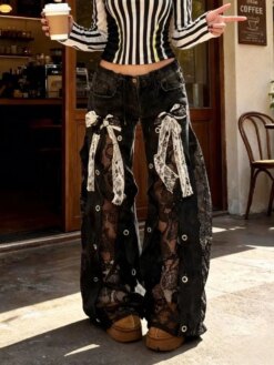Black Lace Hollow Out Low Rise Pants - Image 5