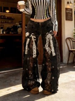 Black Lace Hollow Out Low Rise Pants - Image 4