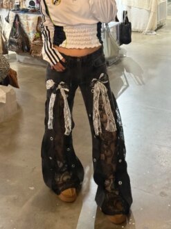 Black Lace Hollow Out Low Rise Pants - Image 6